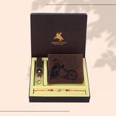 London Alley Harley Rakhi Gift Hamper for Brother - Men's Vintage Brown Leather Wallet, Keyring and Rakhi Combo Gift Set for Brother